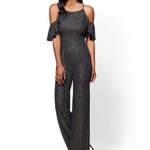 New York and Company Wide Leg Black and Silver Metallic Jumpsuit- Size Small